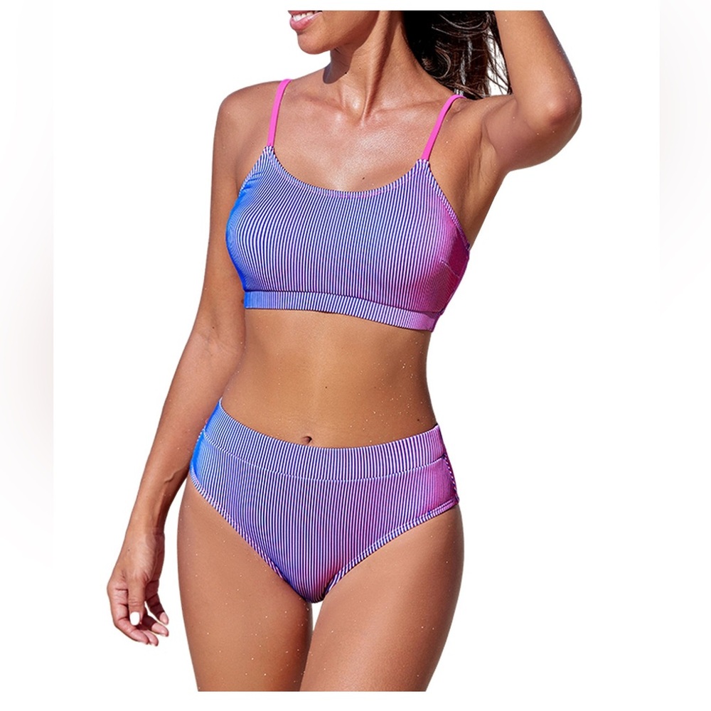 Cupshe Women’s Pink Gradient Adjustable Bikini Top And Retro Bottom Set - XL